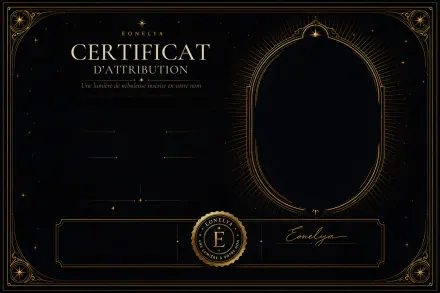 Le certificat Eonelya : cadre à filets dorés, médaillon ovale pour la nébuleuse, lignes réservées au prénom, à la date et à la dédicace.